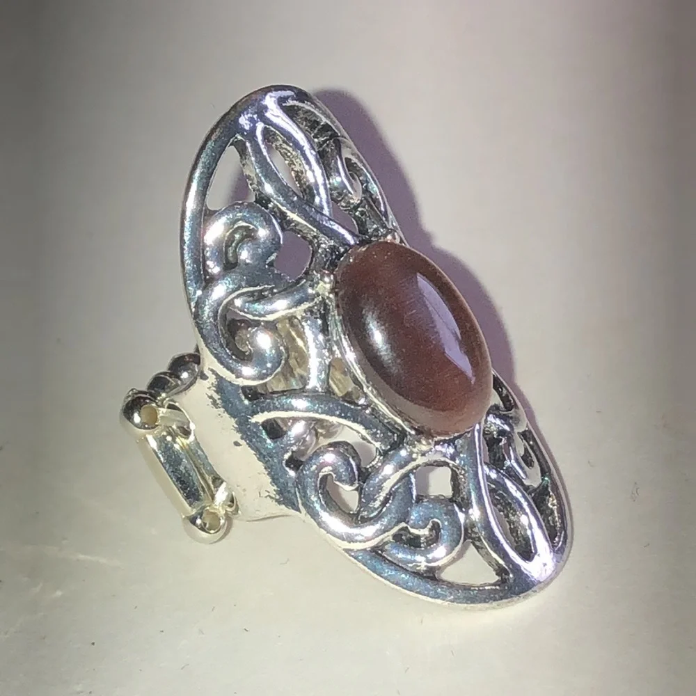 Silver Tone Filigree Ring with Brown Cat's Eye Center